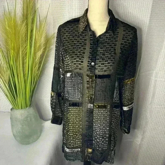 Chico’s Elegant Metallic Textured Silk Blend Semi Sheer Long Sleeve Tunic - Picture 1 of 9